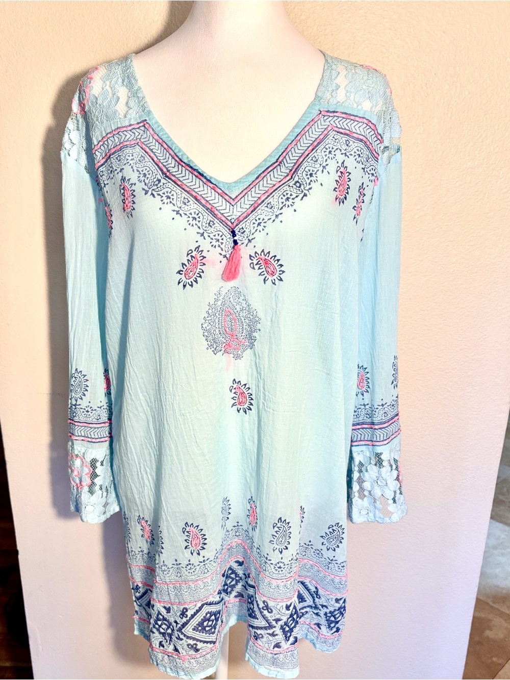 Light blue Embroidered V-Neck Tunic with Lace Trim